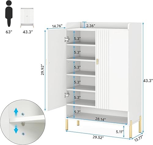 Miniatura 6 de Tribesigns Gabinete de zapatos blanco Entrada Gabinete organizador de zapatos de 6 niveles con estantes ajustables, estante de almacenamiento de