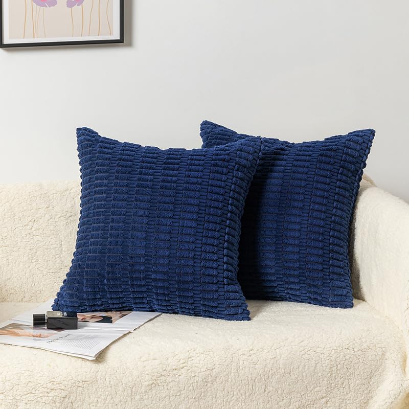 Oreillers de canapé bleu foncé 50x50 cm en peluche douce avec rembourrage coton | Lot de 2