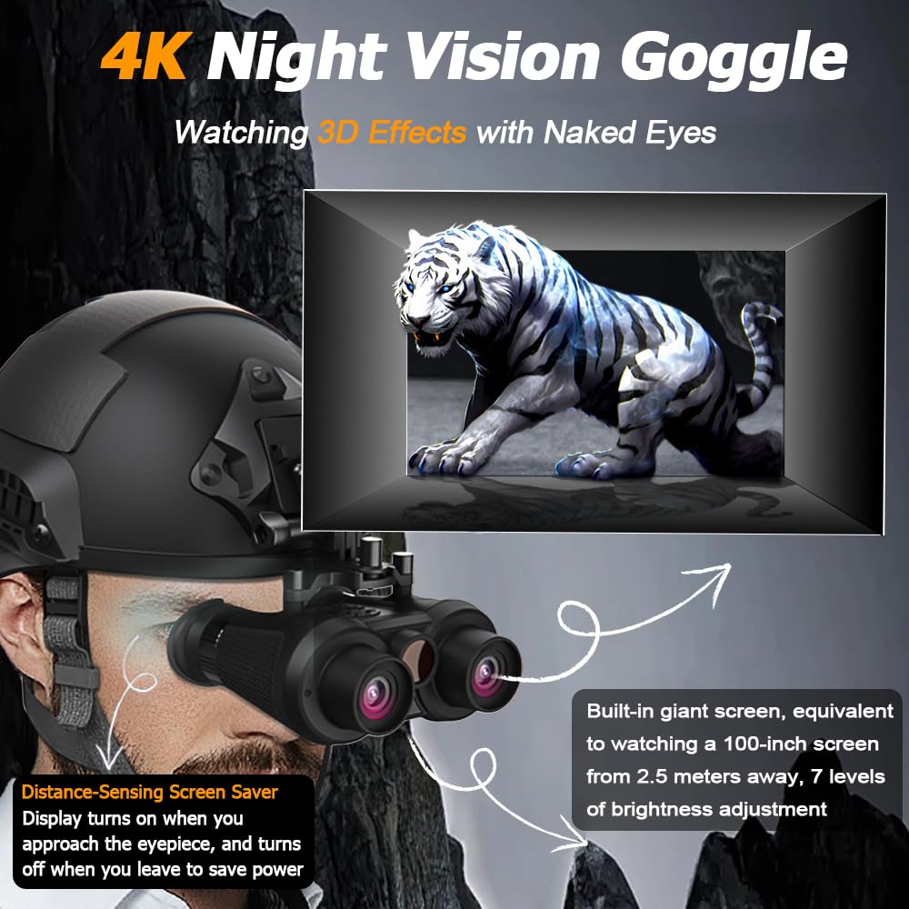 Gogle noktowizyjne montowane na głowie, 3D VR lornetka noktowizyjna dla dorosłych, 6X cyfrowa noktowizja, 7-biegowy noktowizor na podczerwień, FHD 4K Video do polowań i nadzoru