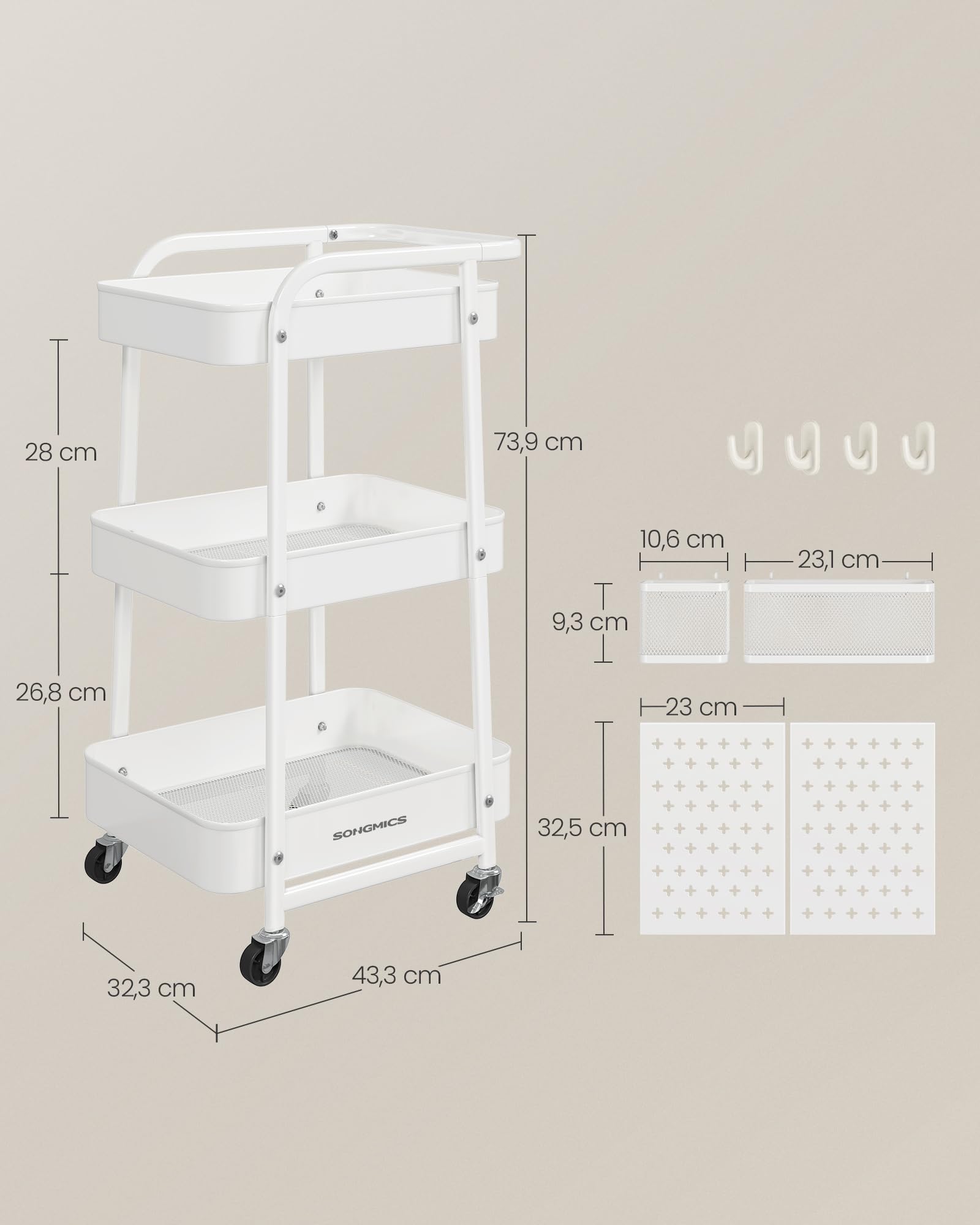 SONGMICS Rollwagen, Küchenwagen, 3 Metallgitterablagen, Servierwagen, 2 abnehmbare Lochplatten, 2 Hängekörbe, 4 Haken, für Büro, Küche, Wohnzimmer, Badezimmer, wolkenweiß LRC037W01