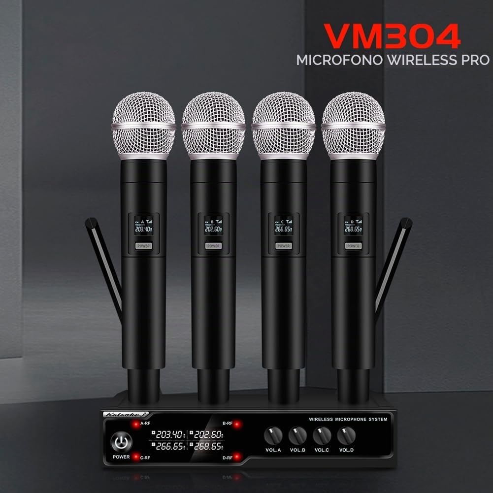 VM304 Audio Microfonico Wireless A 4 Canali Microfono Portatile Portata 80M per Karaoke Canto Set Portatile Spina UE