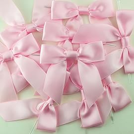 7Rainbows 30pcs Boutique 3.5 Pink Satin Ribbon Twist Tie Bows for Tying Up Packages Gift Wrapping