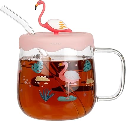 KELVEE Flamingo Printed Milk Cups with Silicone Lid and Glass Straw Pack of 1,Morning Drinking Sipper Coffee Mugs with Handle Clear Tumbler 500ml Multipurpose Cups for Kids Boys Girls (Duck)