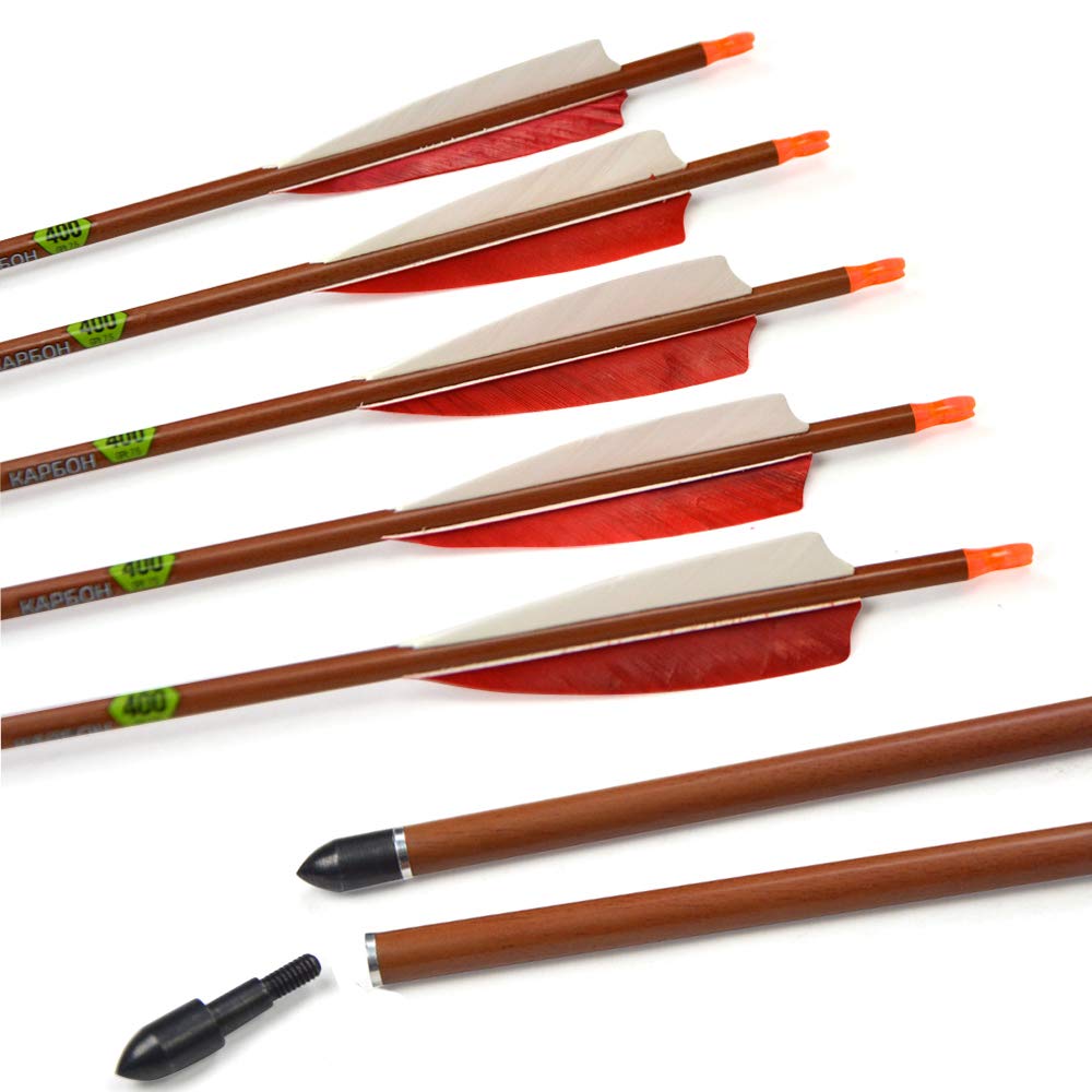 31 Pouces Flèches de Carbone pour Le tir à l'arc Spine 400 Plume de Naturelle Pointe de flèche 100 Grains pour la Chasse à l'arc à poulies Arc Classique (Flèches)