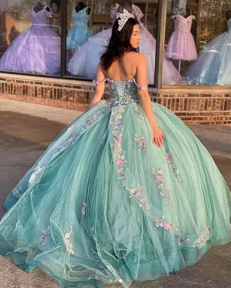 Spaghetti Straps Quinceanera Dresses Ball Gowns 3D Lace Appliques Sweet 16 Dresses for Teens Long Prom Evening Gowns4