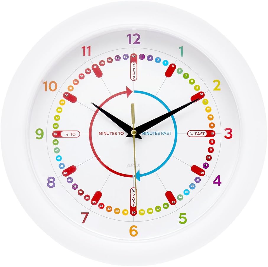 Apex Homeware Easily Learn to Tell The Time Children's Wall Clock, Silent Movement. 1 YEAR, NO QUIBBLE