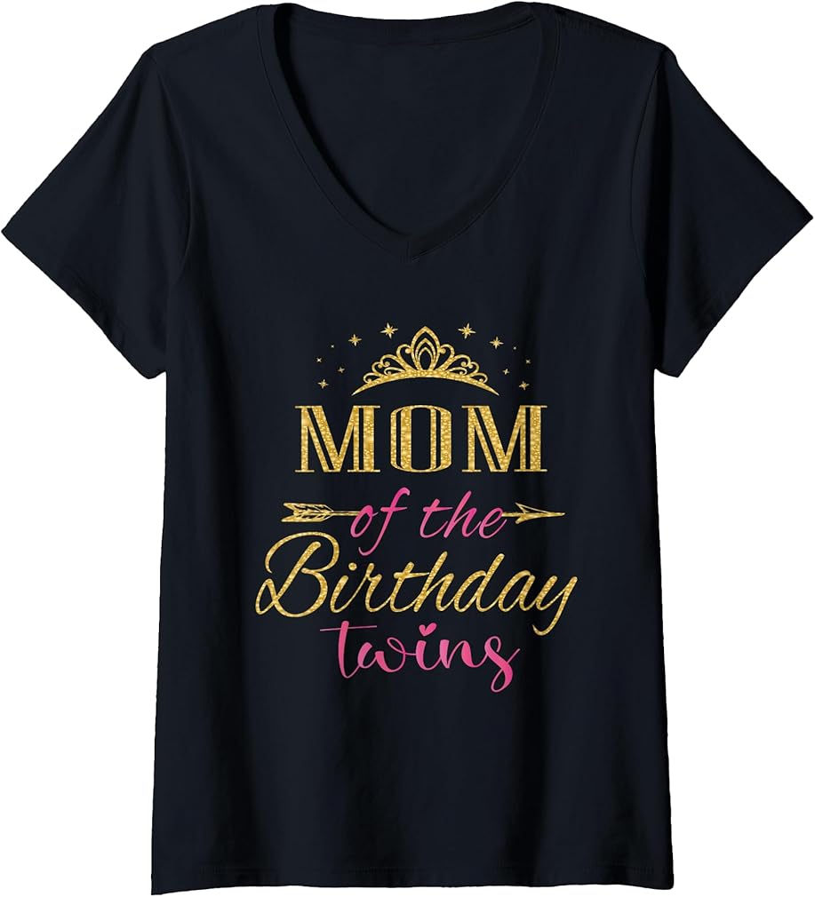 Womens Mom Of The Birthday Twins Kids Party V-Neck T-Shirt