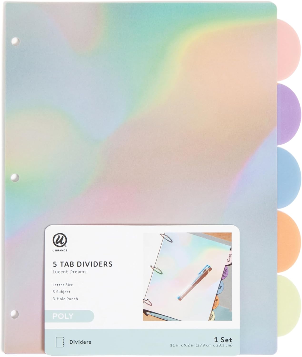 U Brands 5 Tab Poly Plastic Binder Dividers for 3 Ring Binder, 11" x 9.2", Lucent Dreams Pastels, Letter Size, Office Supplies
