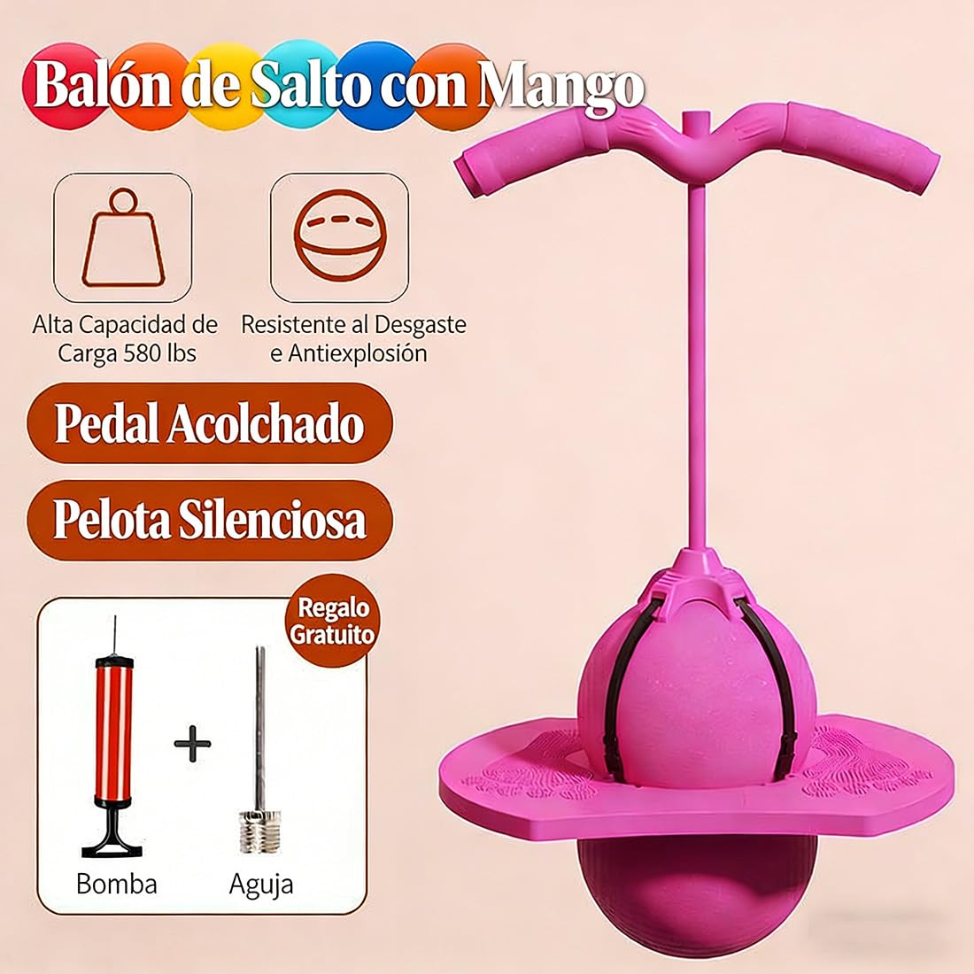 Pelota Saltarina para Niños, Balón de Equilibrio con Asa y Bomba, Juguete de Salto Interior Exterior, Ejercicio y Coordinación para Pequeños y Adultos, Regalo Cumpleaños para Niños y Niñas (A5)