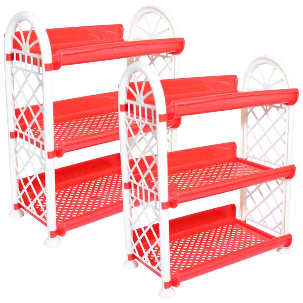 Simply Home Rexo 3 Tier Plastic Multipurpose Storage Organizer-Easy to Fit, Wall Hanging Durable & Lightweight Rack for Kitchen, Bathroom,Kids & Office - Space-Saving Rack| Set of 2 | RED-picture-31