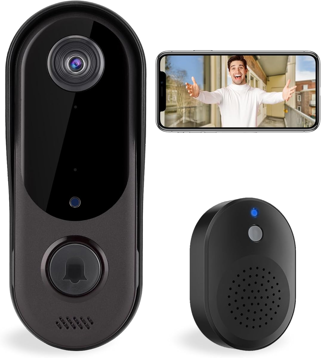2.4GHz WiFi Smart Video Doorbell with Wireless Charging - HD Full-View, Two-Way Talk, Instant Phone Alerts, Wireless Chime