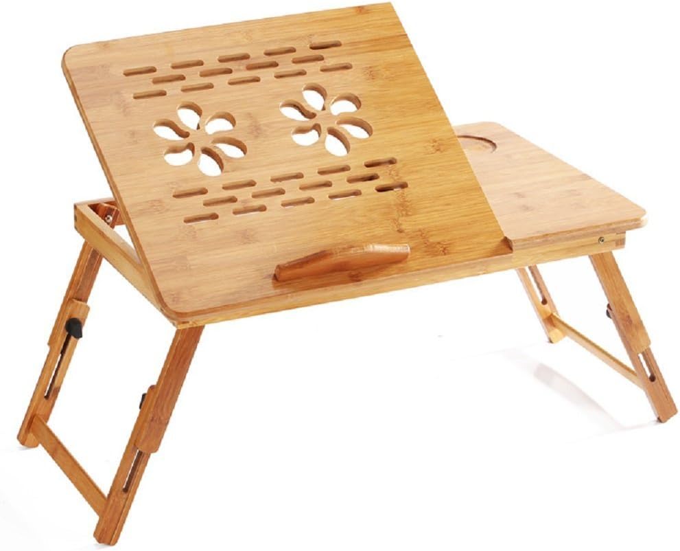 Bamboo Flower Lap Tray with Adjustable Legs | Foldable Breakfast Serving Bed Tray | Lap Desk with Tilting Top and Side Drawer | Laptop Stand | Natural