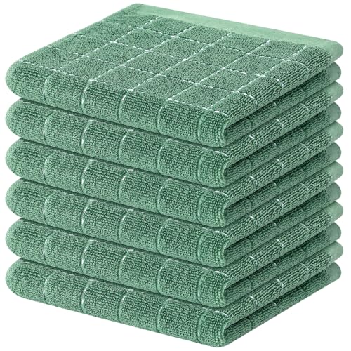 Mordimy Cotton Terry Checkered Dish Cloths, 12"x 12", 6 Pack, Grass Green
