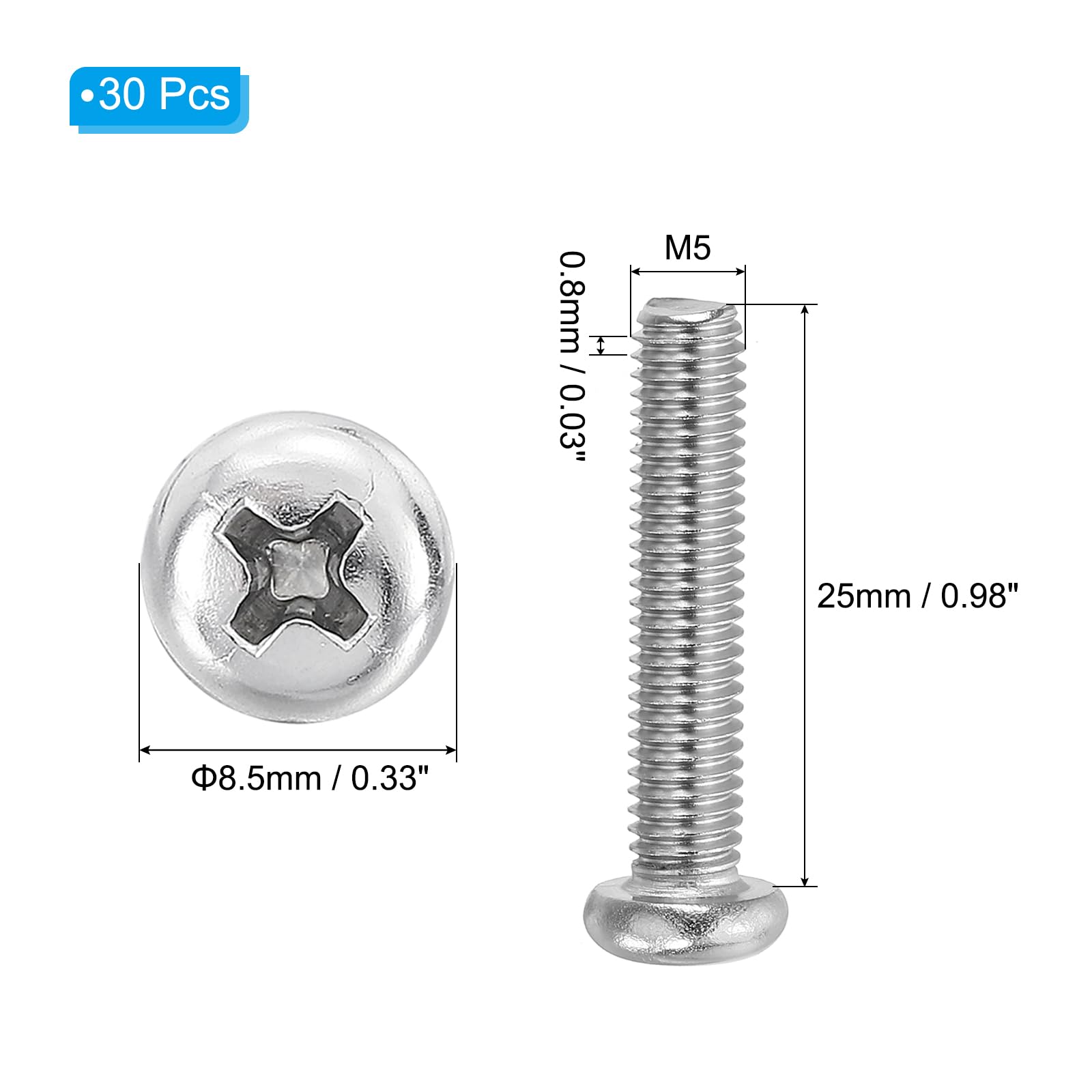 PATIKIL Phillips Pan Head Screws, 30 Pack M5-0.8 x 25mm 304 Stainless Steel 18-8 Full Thread, Pan Head Machine Phillips Drive Screw - Image 2