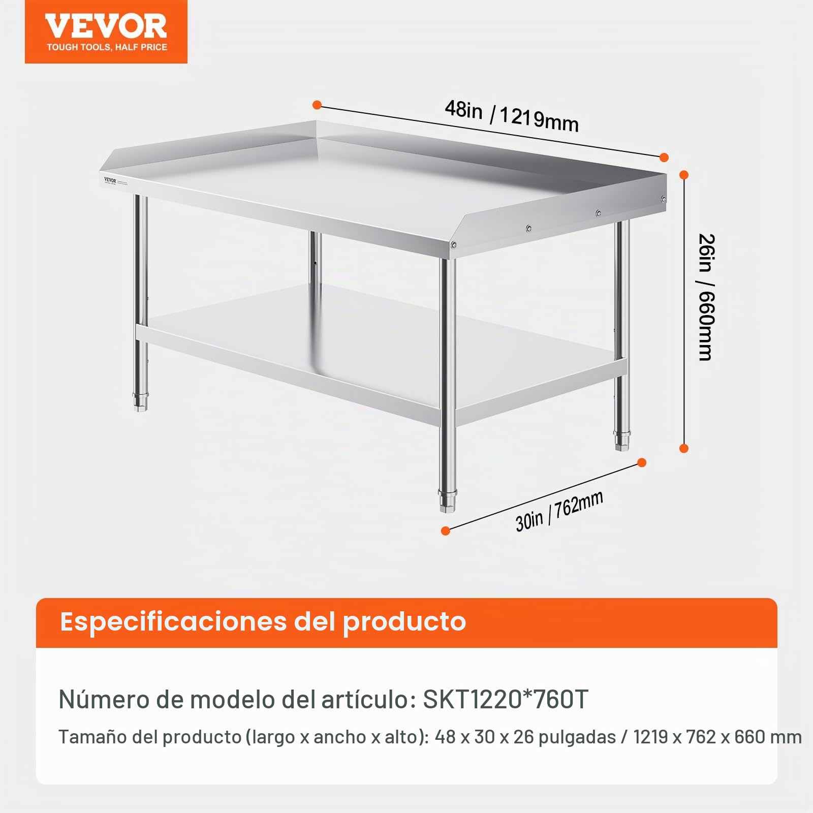VEVOR Mesa de Trabajo de Acero Inoxidable 76,2 x 121,9 x 66 cm, Mesa de preparación de Alimentos con Respaldo a 3 Lados, Altura Ajustable, Mueble de Almacenamiento, para Cocina, Restaurante, Bar