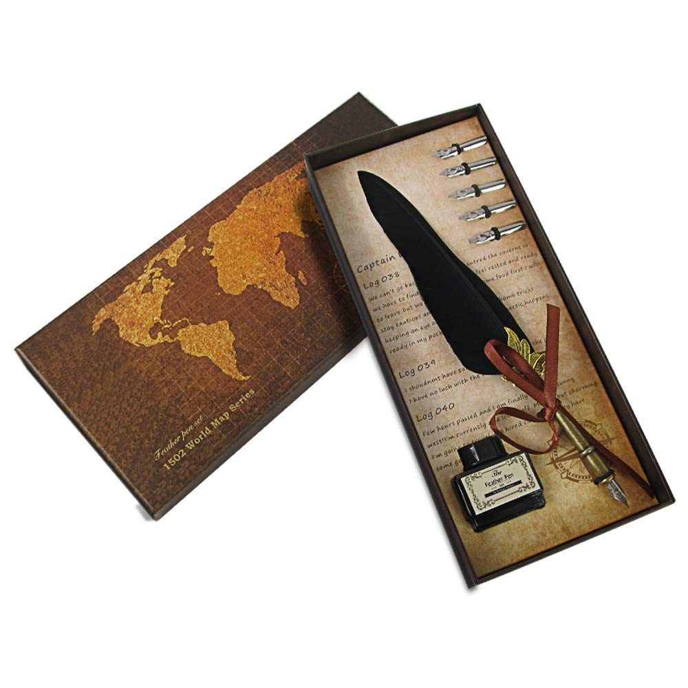 Vintage Feather Quill Dip Pen Ink Set Writing Quill Ink Pen Metal Nibs Calligraphy Feather Pen Gift Set for Wedding Christmas, Executive Gift with Ink Bottle, 6pcs Nibs for Art and Craft