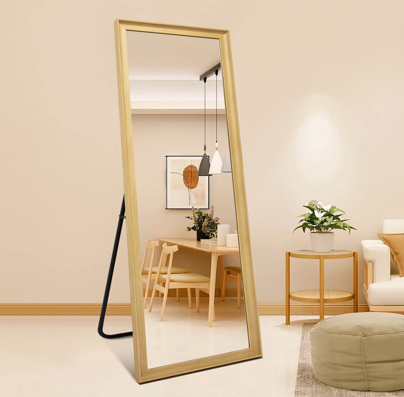 TheiaMo Full Length Floor Mirror with Wood Frame&Metal Stand, 65×22in Large Rectangle Explosion-Proof HD Mirror, Standing Hanging or Leaning Against Wall Mirror for Bedroom/Locker Room, Solid Wood