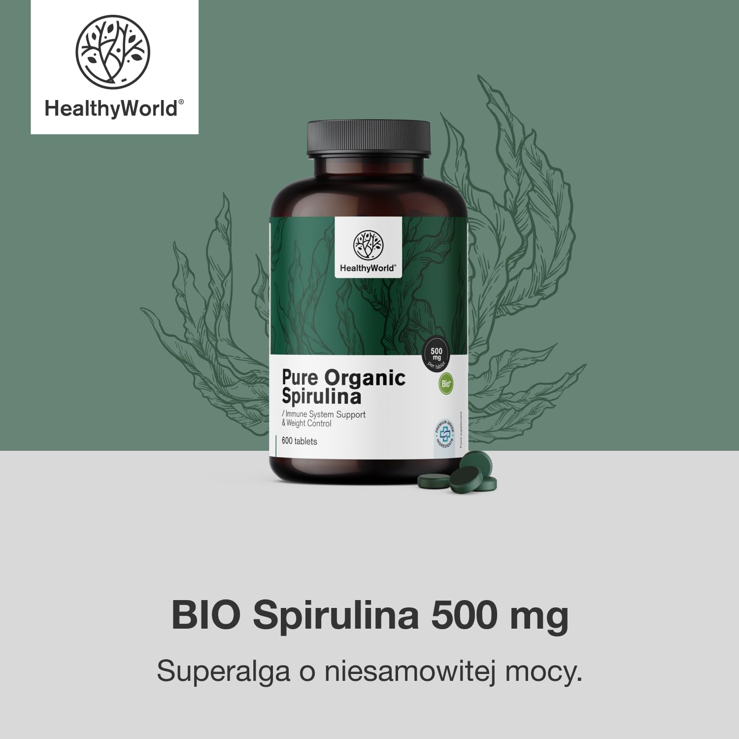 HealthyWorld BIO Spirulina 500 mg - 600 Tabletek - 100% Naturalne Składniki - 4000 mg na Dzienną Porcję - Bez GMO - Na ponad 2 Miesiące - Regulacja Masy Ciała