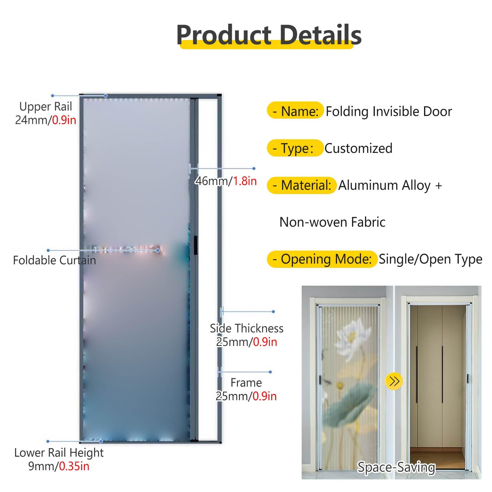 No-Drilling Blackout Curtain Pleated Door - Invisible Closet Curtain with Aluminum Frame and Cellular Fabric for Open Closet - Room Divider Panel for Bedroom, Bathroom(Style 5,60x80in(152.4x203.2cm))