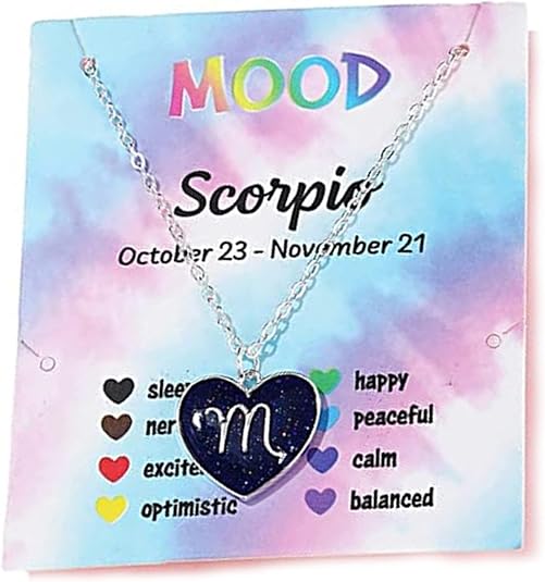 12 Constellation Sign Heart-shaped Pendant Necklace with Card Adjustable Chain Enamel Zodiac Thermochromic Necklace for Women Men Color Changing Mood Astrology Horoscope Jewelry