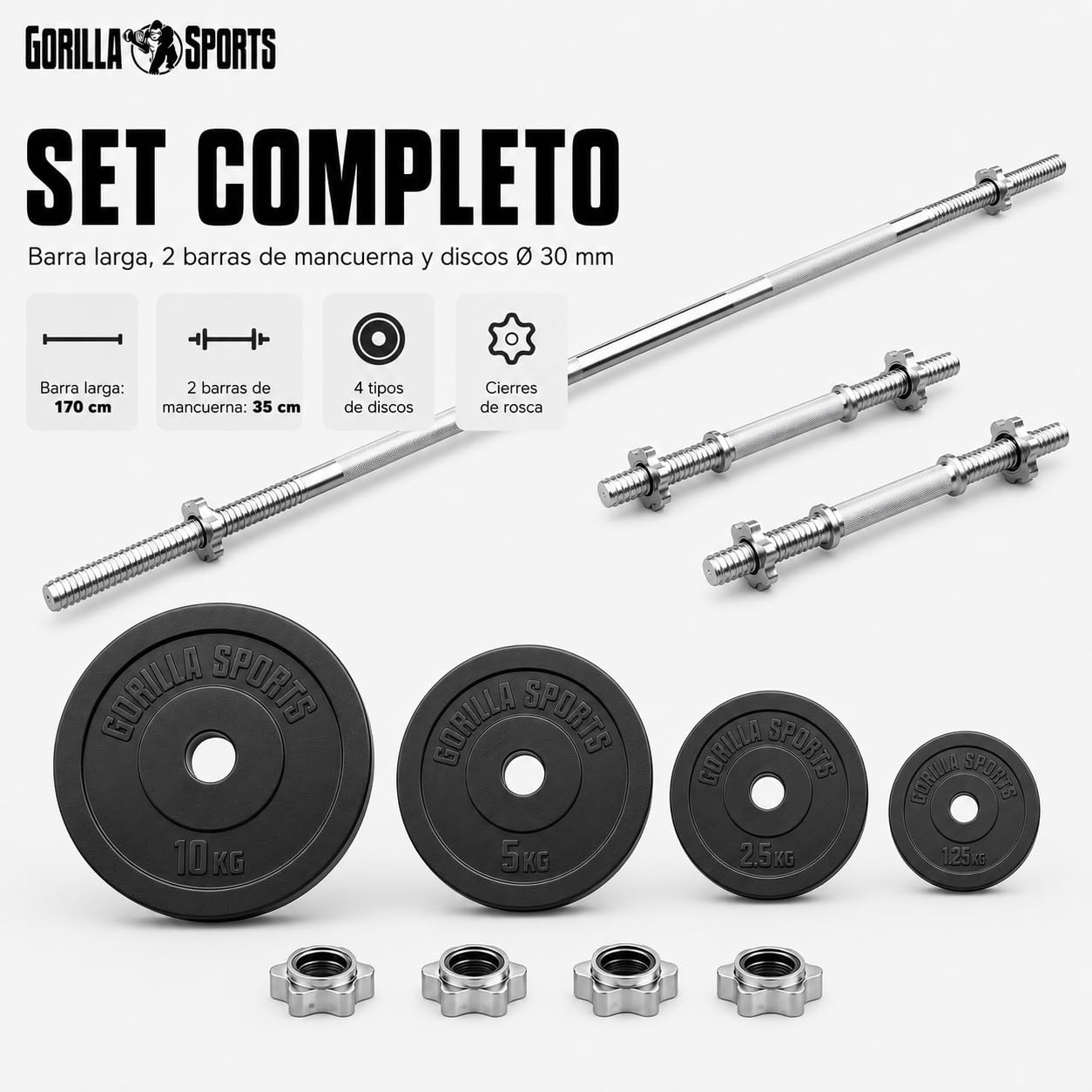 Gorilla Sports® Juego de mancuernas y discos – 60 kg, 100 kg o 130 kg, Ø 30 mm, barra 170 cm, con cierres, estriado, antideslizante, acero cromado – Mancuernas, gimnasio, entrenamiento, levantamiento