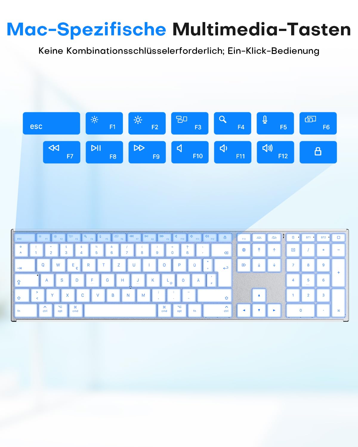 OMOTON Aluminium Kabellose Mac Tastatur, 2.4G & Dual-Bluetooth (BT1/BT2), Beleuchtete Tastatur für Apple MacBook Pro/Air, iMac, Mac mini, ultradünn, wiederaufladbare leise QWERTZ, Silber