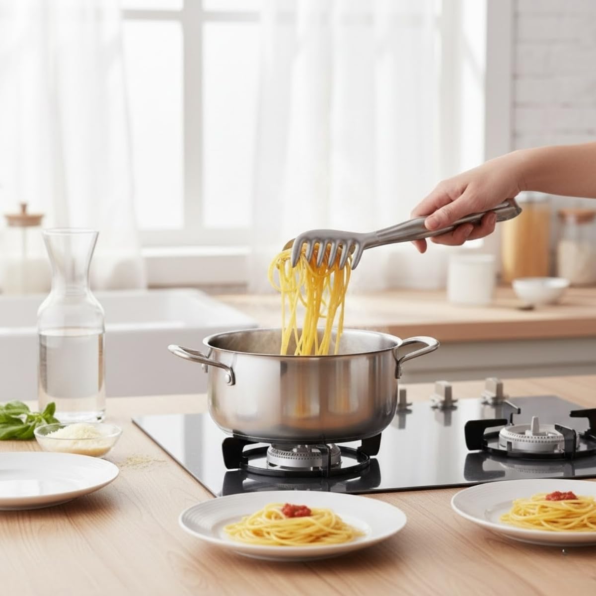 Paslanmaz Çelik Makarna ve Salata Servis Maşası – Isıya Dayanıklı, Kaymaz Saplı, Çok Amaçlı Mutfak Servis Pensi – 21 cm