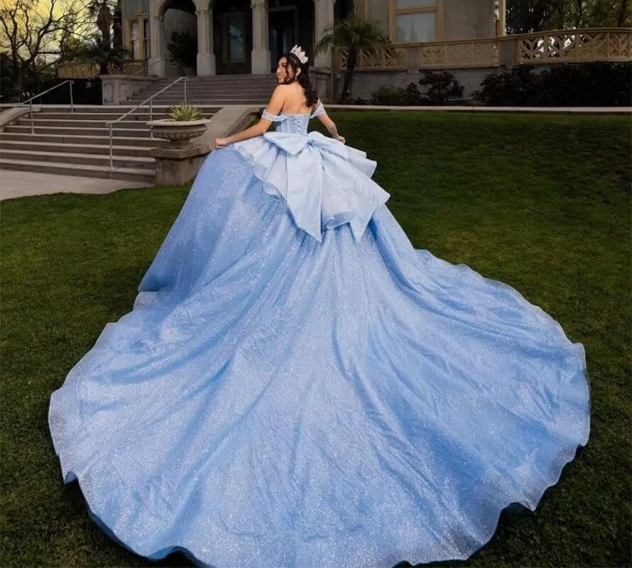 Sparkly Tulle Quinceanera Dresses Ball Gown Off Shoulder Puffy Beaded Princess Sweet 16 Dresses with Train4