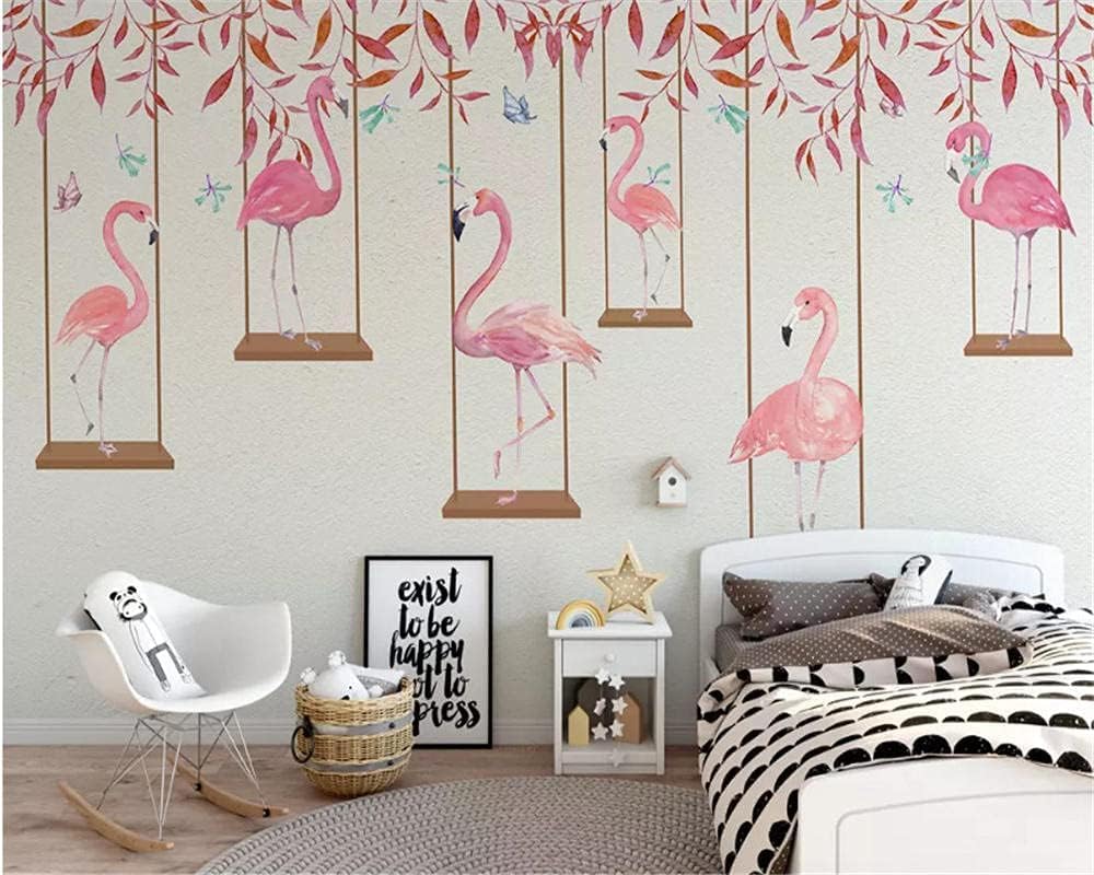 Xlming 350Cm×256Cm(B×H) Flamingo Animal Swing White Rose Leaf Wallpaper Wall Decor Bedroom Living Room Tv Background 3D Wallpaper Home Decor Paste Living Room The Wall For Bedroom Mura-350Cm×256Cm