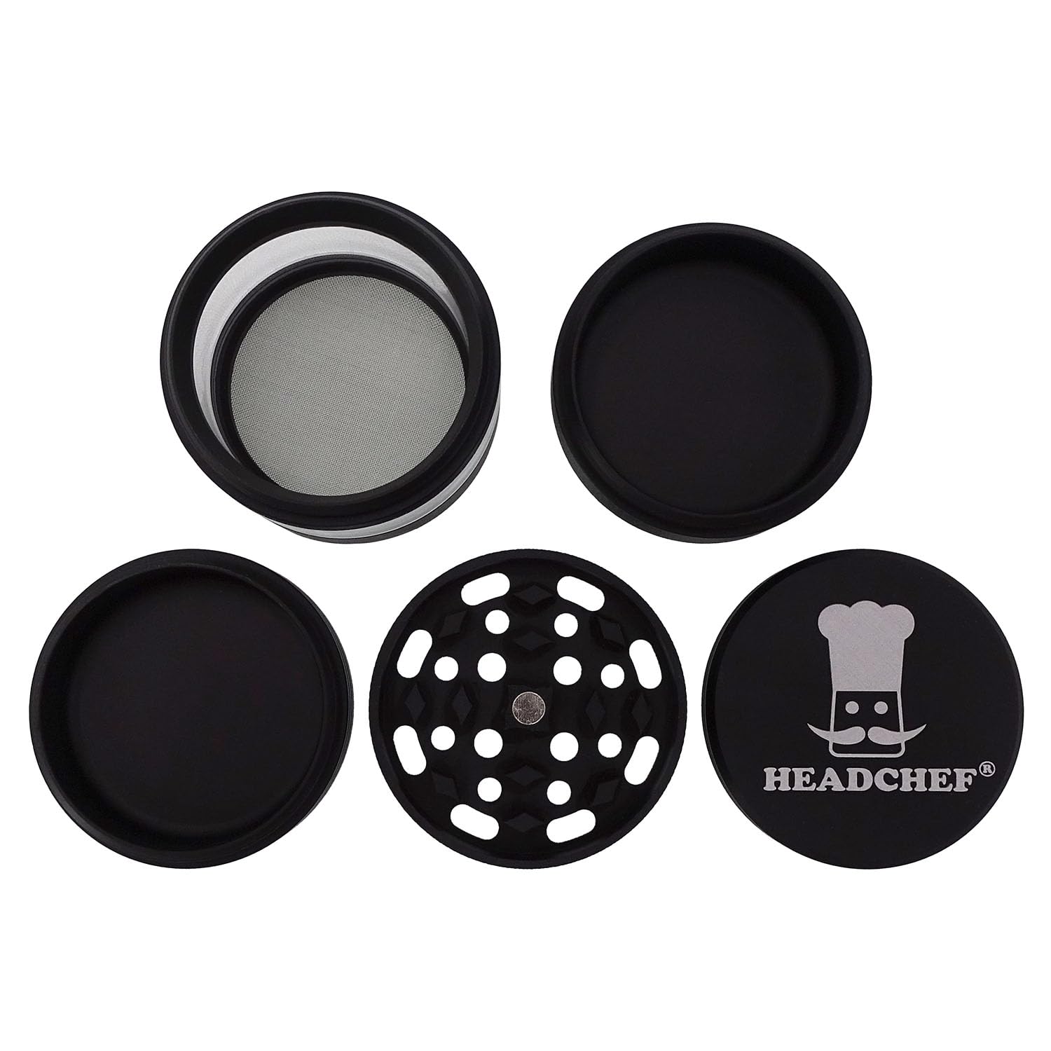 Headchef Vision 5 Piece Metal Herb Spices 55mm Grinder with Extra Storage, Super Sharp Teeth, Sifter and Magnetic Top (Pitch Black) - Image 2