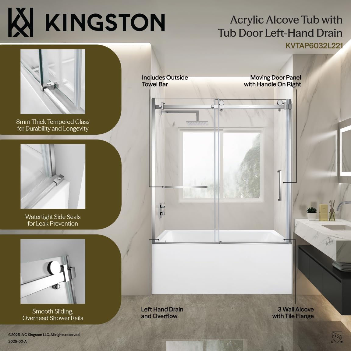 Kingston Brass KVTAP6032L227 60" Acrylic Rectangular 3-Wall Alcove Tub with Tub Door, Left Hand Drain, White/Brushed Brass