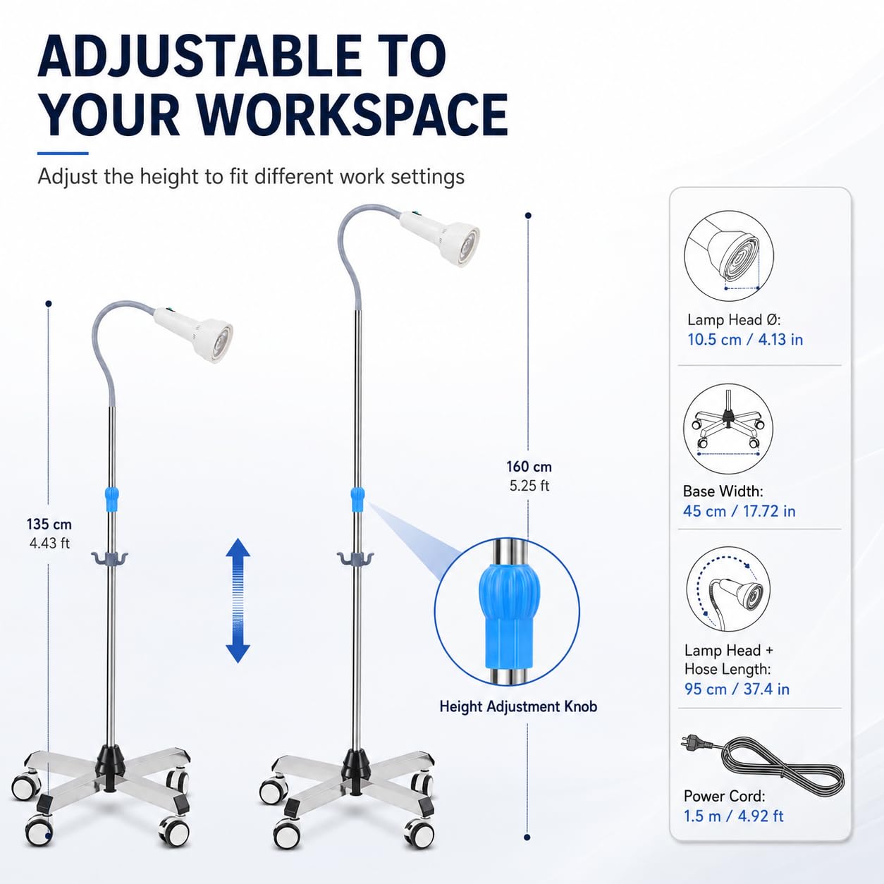 Mobile Untersuchungslampe, Einstellbare Höhe Stehlampe Dental Mobile Led mit 4-Universalrädern 2 mit Bremsen, 360° Drehbar Untersuchungsleuchte Ambulanzen, Gynäkologie, Schönheitssalons