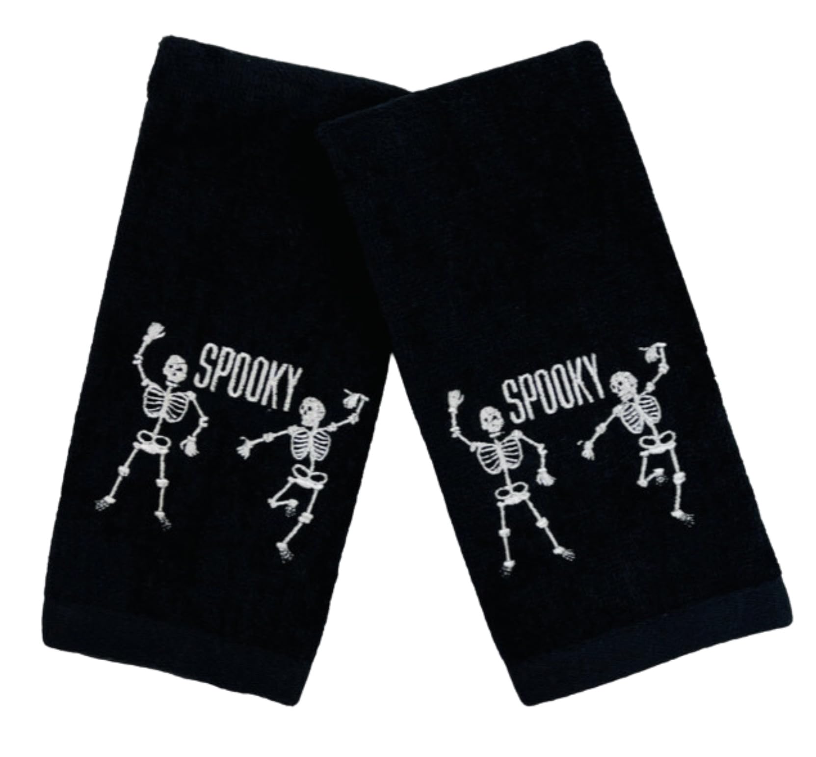 Serafina Home Halloween Bathroom Fingertip Towels – Set of 2 Soft Black Velour Cotton Dancing Skeletons & Ghosts – 12