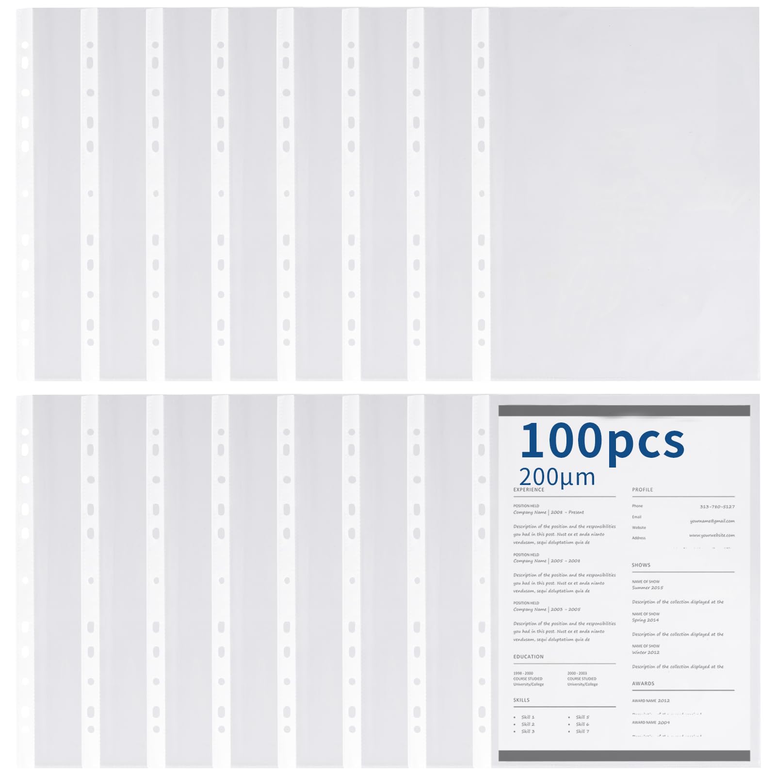 Punched Pockets A4 Heavy Duty Poly Pockets A4 Clear Plastic Wallets Top Open 11 Hole Sheet Protectors for 2/3/4 Ring Binder for Filing Folders Sleeves Documents (100 Pcs-10C(0.2mm))