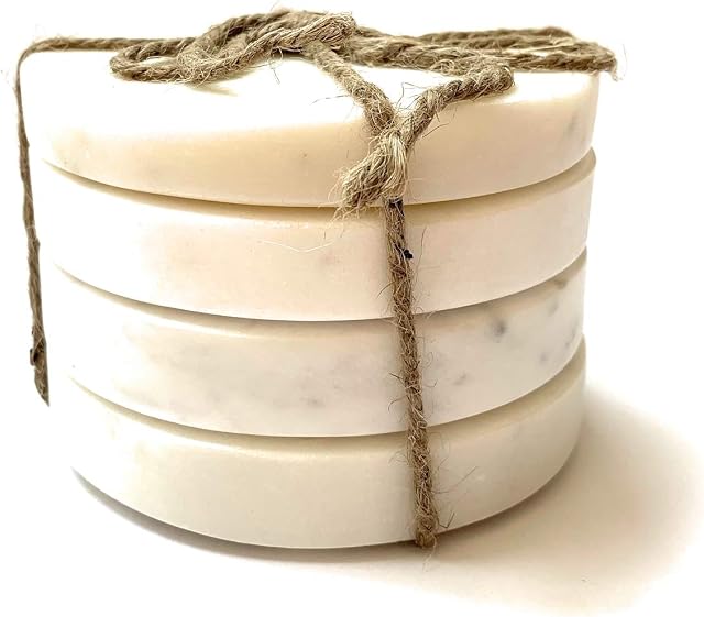 Set of 4 Round White Marble Coasters - Gift Packed - Natural Marble