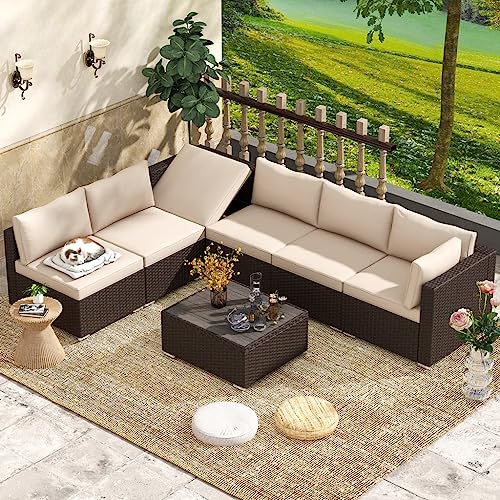 Image of DEVOKO Outdoor 3 Piece Sectional Wicker Patio Recliner Sofa Furniture All-Weather HDPE Rattan Conversation Set with Table for Garden, Poolside (Dark Brown and Cream)