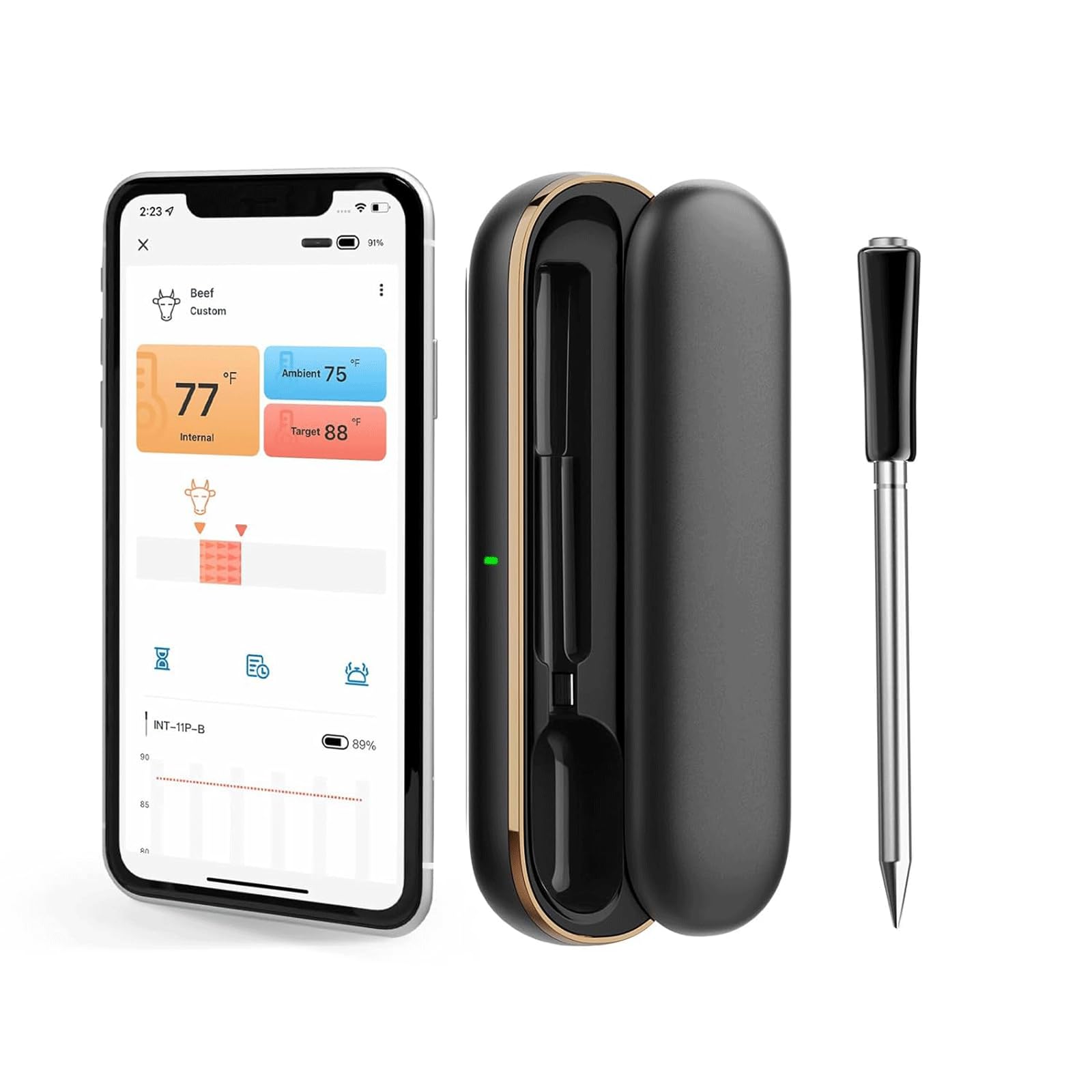 KRILLIQ Termómetro inalámbrico para Carne, termómetro Recargable de Lectura instantánea para Carne, termómetro Bluetooth para Barbacoa, Tambor para Horno ahumador