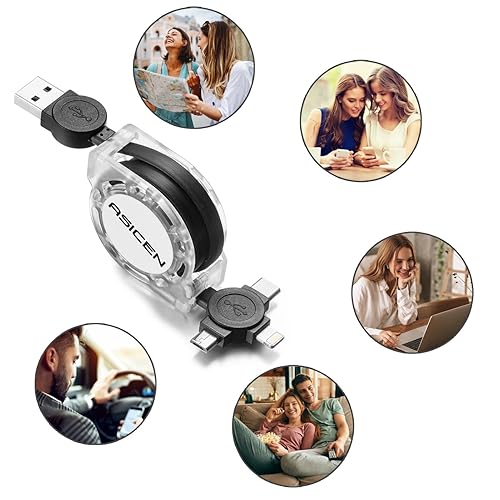 Miniatura 7 de Paquete de 2 cables retráctiles de carga rápida múltiple de 3.3 pies, cable de carga múltiple 3 en 1, cargador retráctil con Lightning/Micro/Tipo C