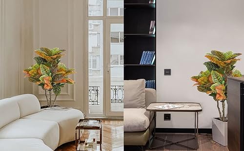 2Pcs Artificial Croton Plant, Faux Fiddle Leaf Fig Tree,Artificial Trees For Home Decor,Floor Plant,Front Porch Plants With Plastic Pot, Faux Ficus Lyrata Tree,39Inch #TOP4