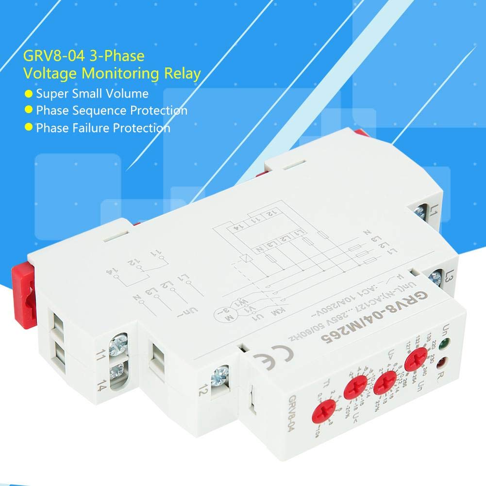 Relè di monitoraggio tensione, Relè di protezione per il monitoraggio della tensione trifase a 4 fili regolabile con sequenza di fasi/protezione guasto, DIN 35mm[Classe di efficienza energetica A]