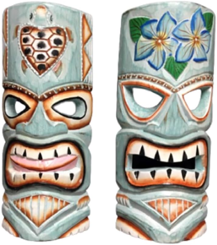 Chesapeake Bay Aqua Tiki Masks – Pair of 12-Inch Hand-Carved Painted Wood Wall Masks, Aqua Coastal Polynesian Decor