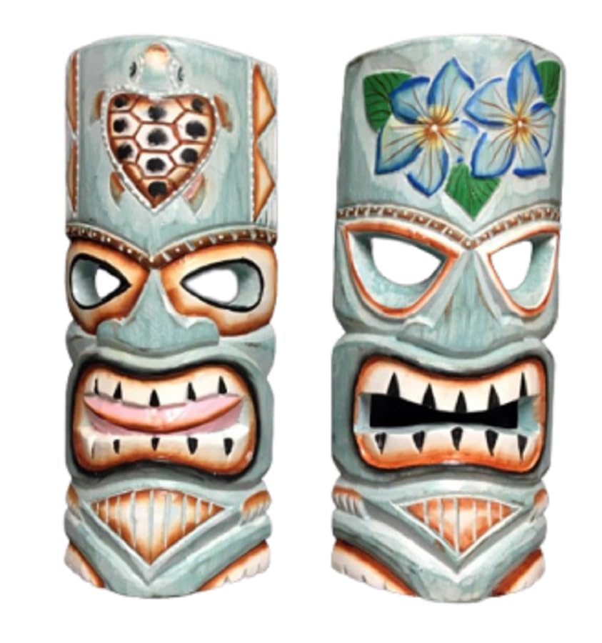 Chesapeake Bay Aqua Tiki Masks – Pair of 12-Inch Hand-Carved Painted Wood Wall Masks, Aqua Coastal Polynesian Decor