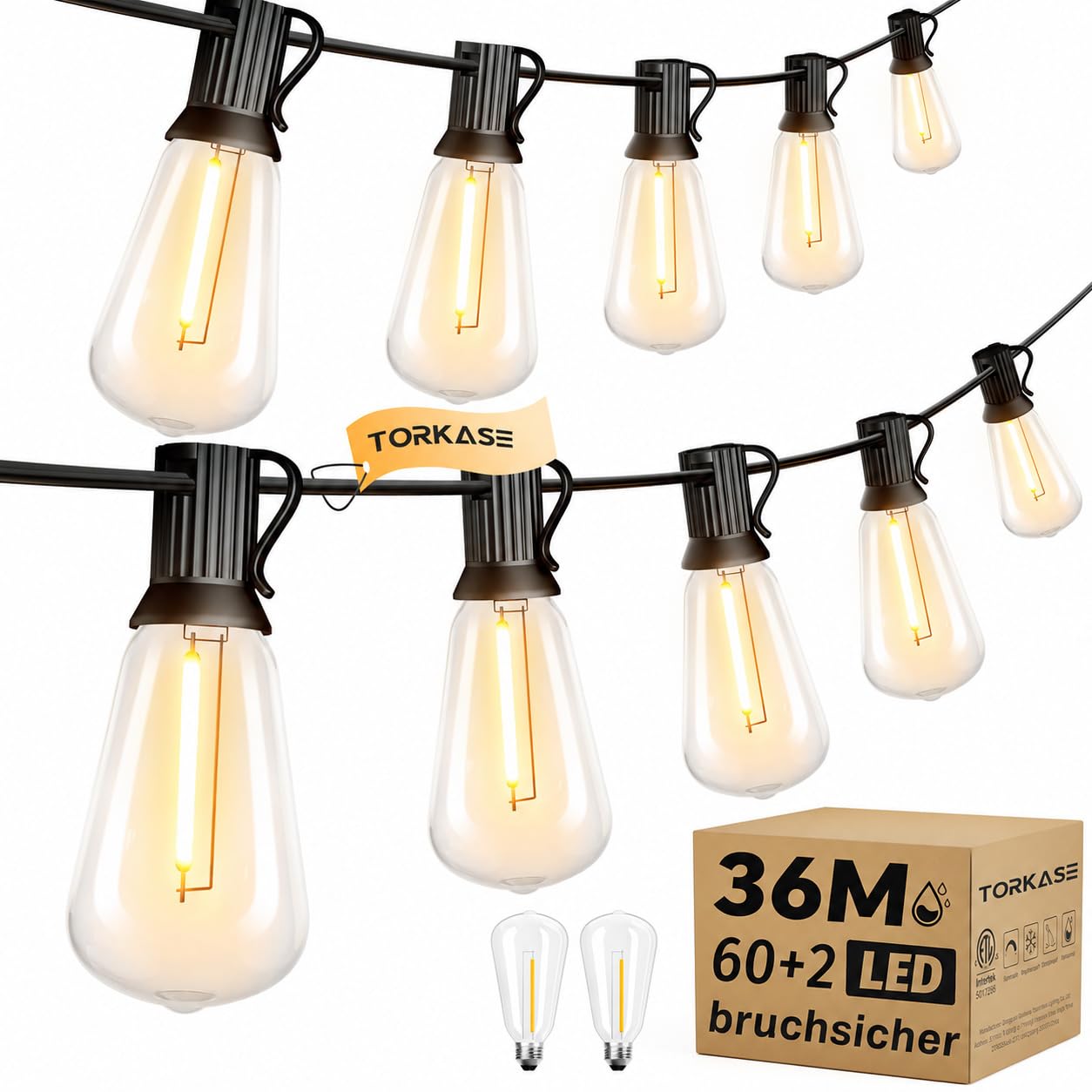 LED Lichterkette Außen Strom 36.5m - Outdoor Lichterketten 120FT mit Aussen Wetterfest 60+2 ST38 Glühbirne Warmweiß Aussenlichterkette für Balkon Garten Pavillon Terrasse Vorzelt Hochzeit