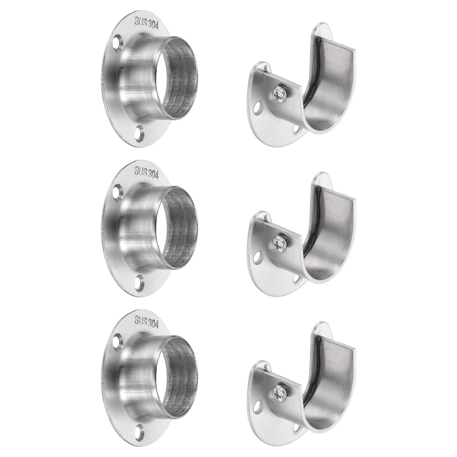 sourcing map 6Pcs Closet Pole Sockets, 1-1/4" 304 Stainless Steel Flange Rod Holder, 0.7" Height Closet Rod End Supports for Closet Wardrobe Shower Curtain, Silver