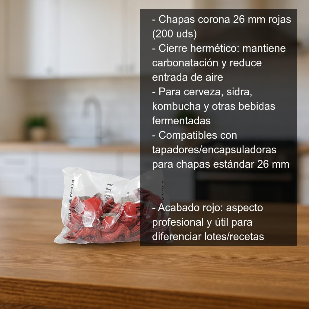 Cocinista Cápsulas Corona 26 mm Rojas 200 Unidades Cierre hermético para embotellado