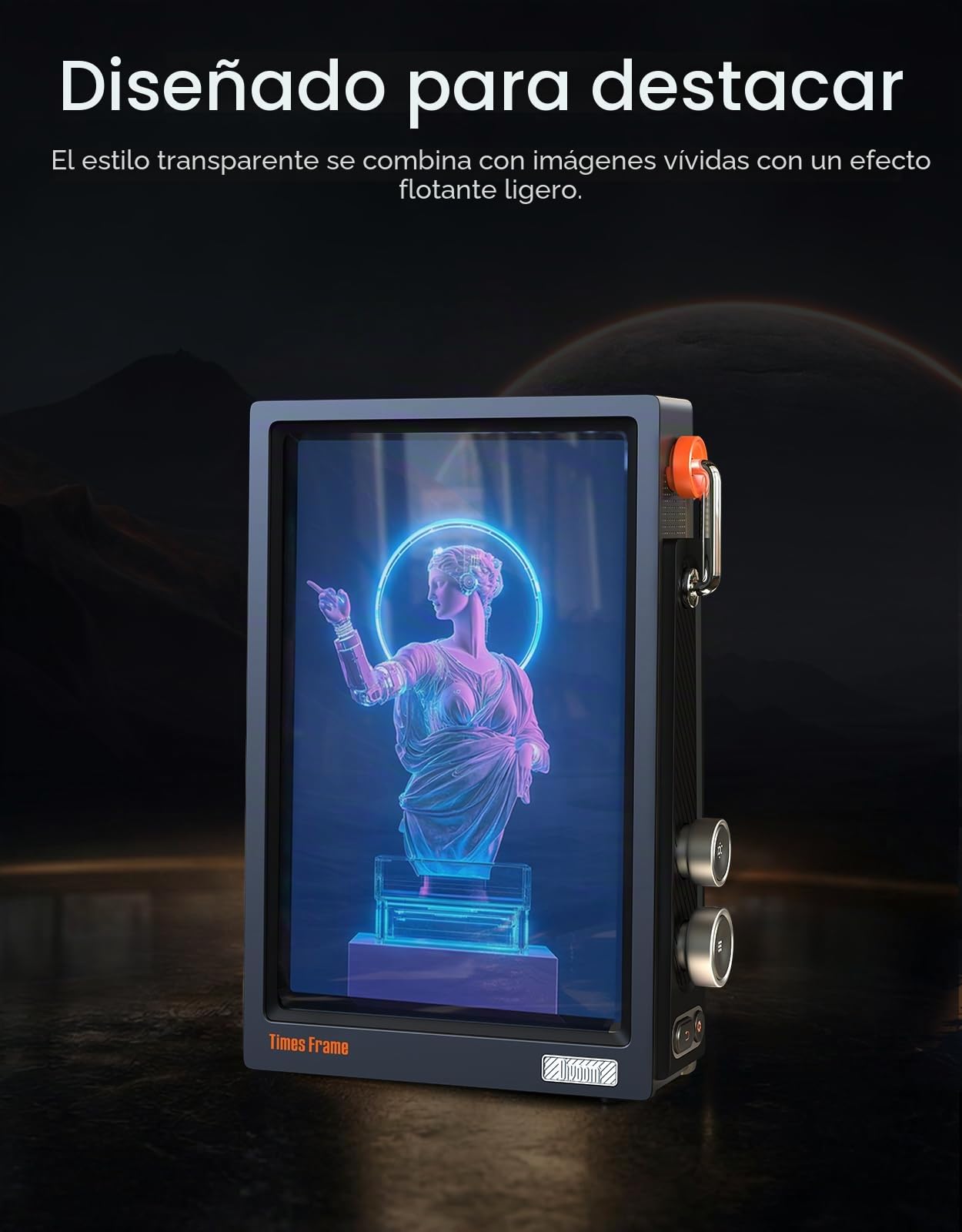 Divoom Times Frame - Marco de Fotos Digital Transparente de 10,1 Pulgadas con WiFi y 64 GB, Pantalla IPS Flotante y botón Giratorio RGB, 400 diales, widgets y Comunidad de Arte de píxeles (Negro)