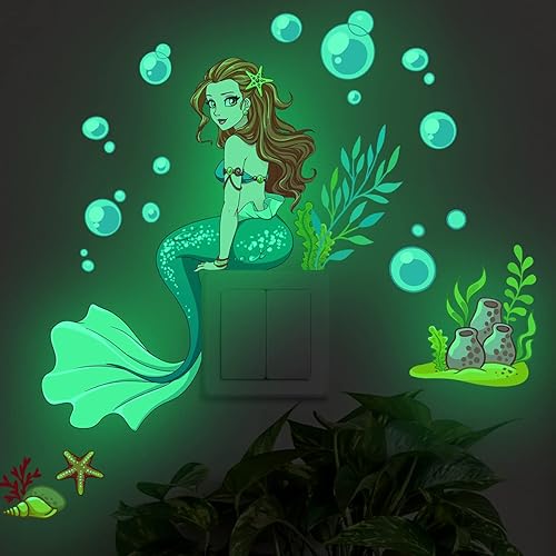 Miniatura 5 de Calcomanías luminosas de pared de sirena que brillan en la oscuridad, calcomanías de pared de princesa de dibujos animados, calcomanías de pared de