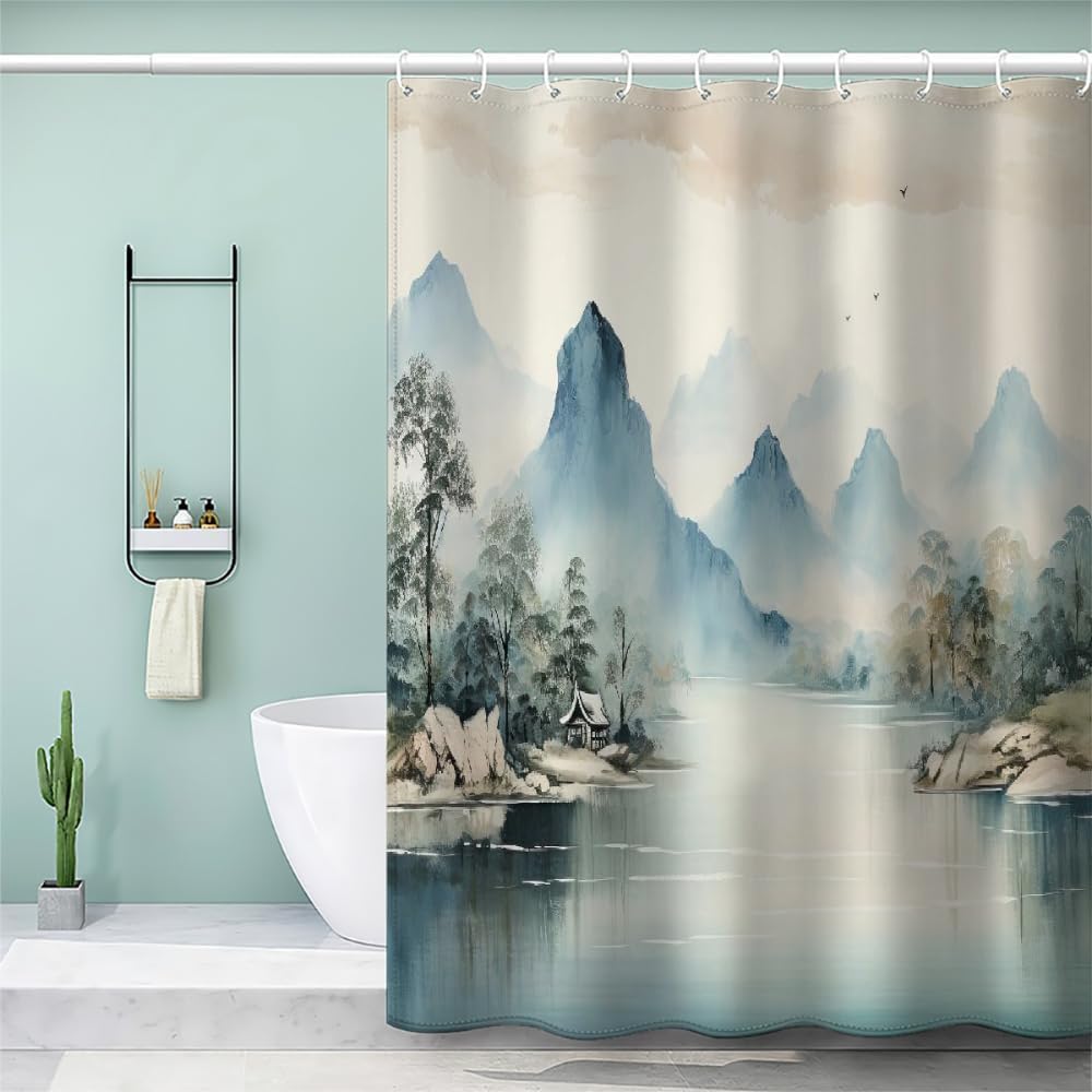 YEGRFJIS Shower Curtain Waterproof Washable, 140x190cm(WxL) Zen Ink Wash Blue Mountain Lake Bath Curtain With Hooks, Traditional Landscape Decor, Moisture Proof Bathtub Curtain