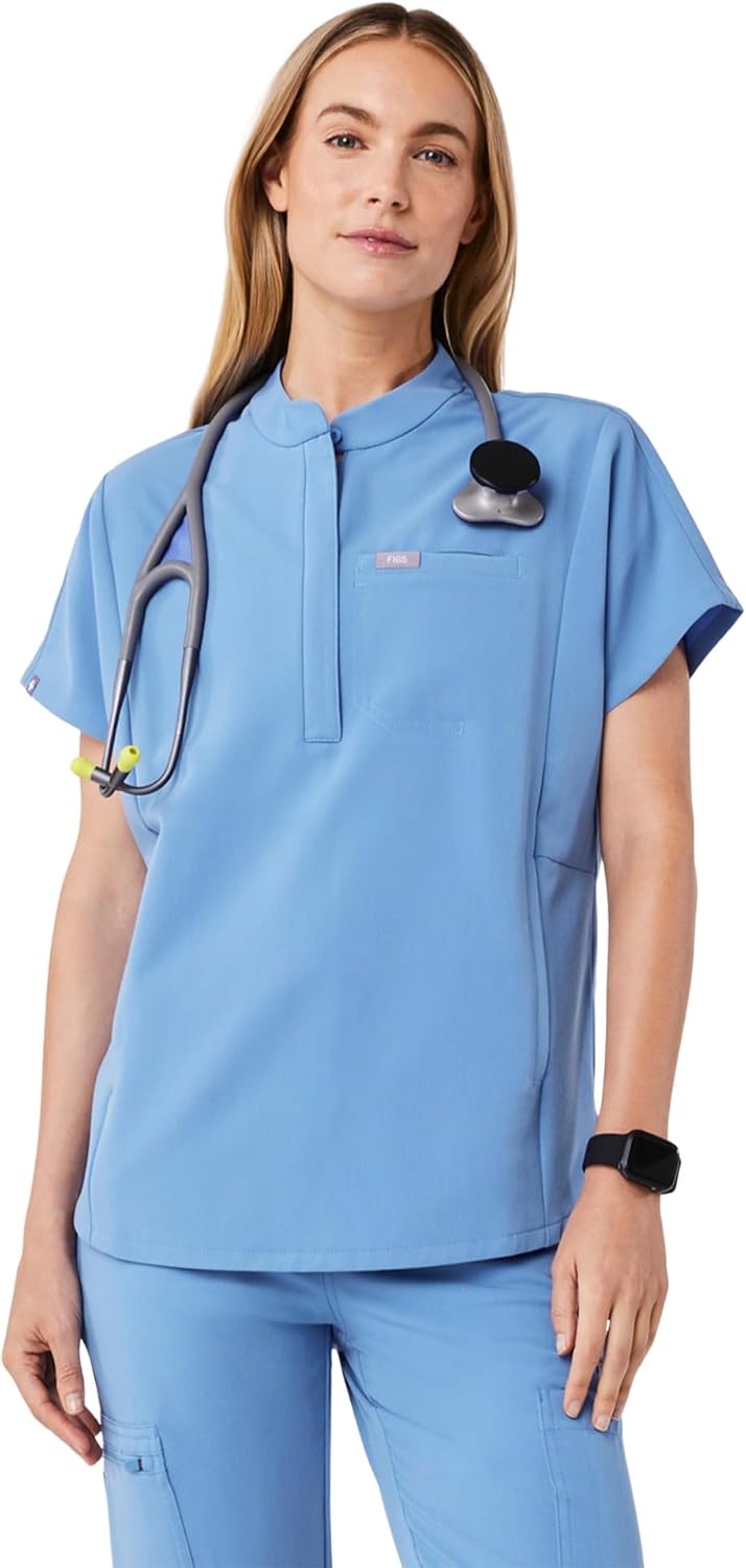 FIGS Montex Scrub Top for Women — Relaxed Fit, Mock Neck, 2 Pockets, Anti-Winkle, 4-Way Stretch