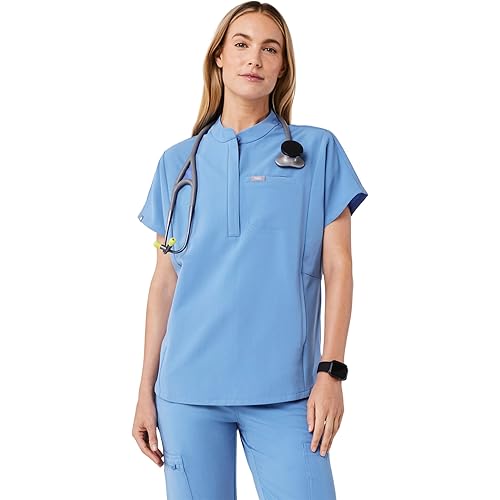 FIGS Montex Scrub Top for Women — Relaxed Fit, Mock Neck, 2 Pockets, Anti-Winkle, 4-Way Stretch